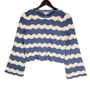 LC Lauren Conrad M Blue White Scalloped Hem Chevron Bell Sleeve Sweater Knit Top